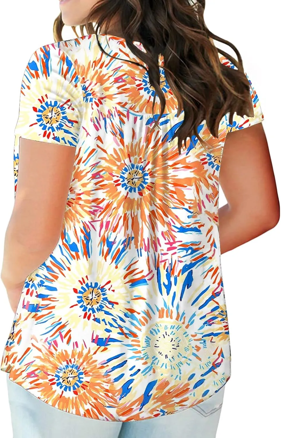 VISLILY Women's Plus Size Henley Shirts Flowy Summer Tops Pleated Buttons Up Tunics