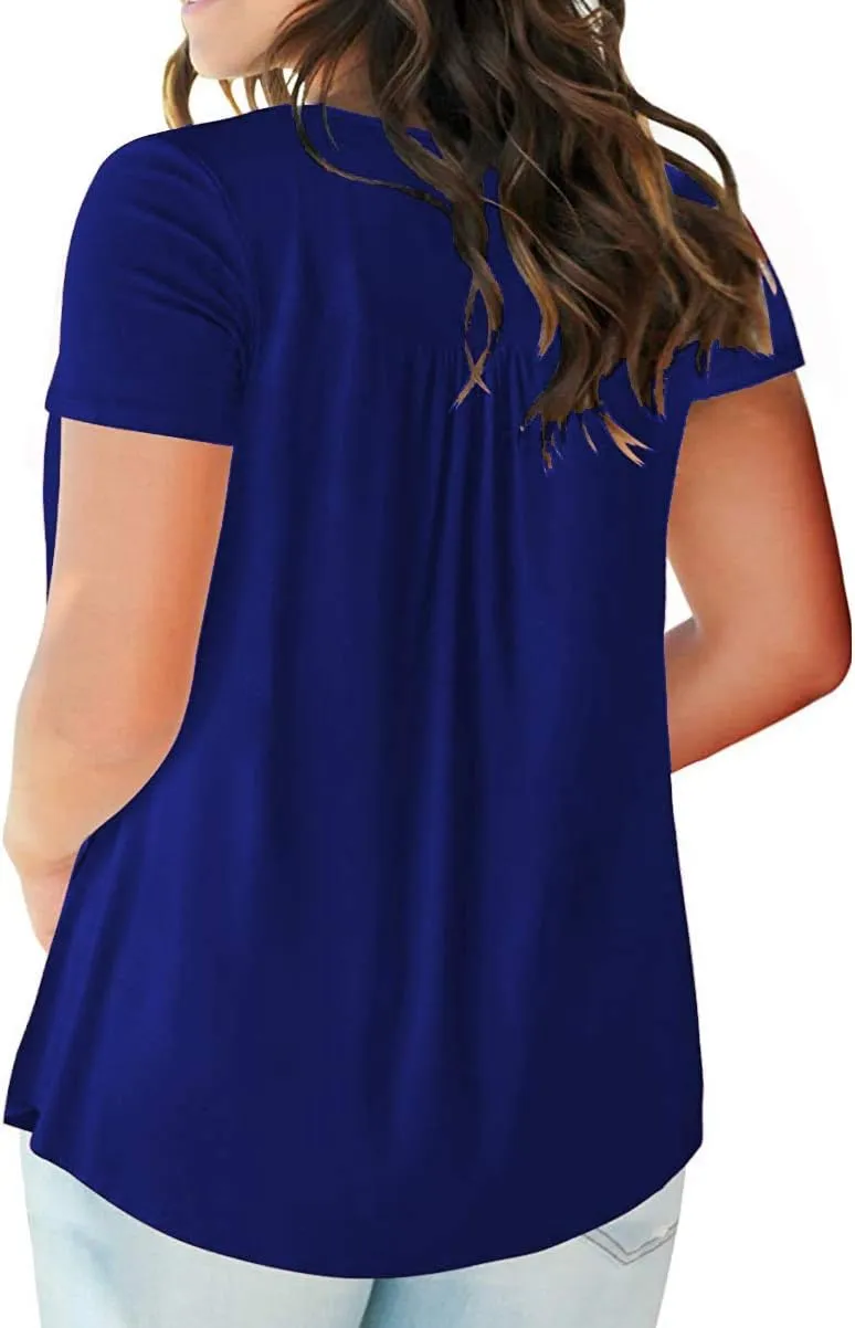 VISLILY Women's Plus Size Henley Shirts Flowy Summer Tops Pleated Buttons Up Tunics