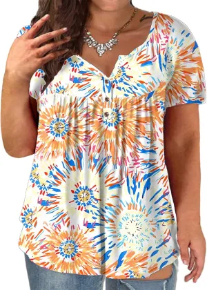 VISLILY Women's Plus Size Henley Shirts Flowy Summer Tops Pleated Buttons Up Tunics