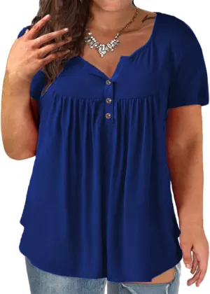 VISLILY Women's Plus Size Henley Shirts Flowy Summer Tops Pleated Buttons Up Tunics