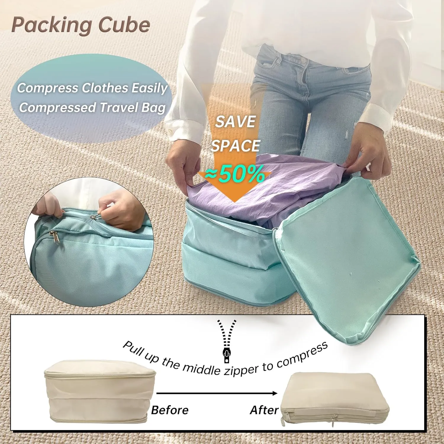 Waterproof Compression Packing Cubes 2/3/4 sets, Large Travel Packing organizers for Carry on Luggage, 2 Sides Expandable Storage Bags for Backpacking, Suitcases (Dark Green, Pack 3(L M S))
