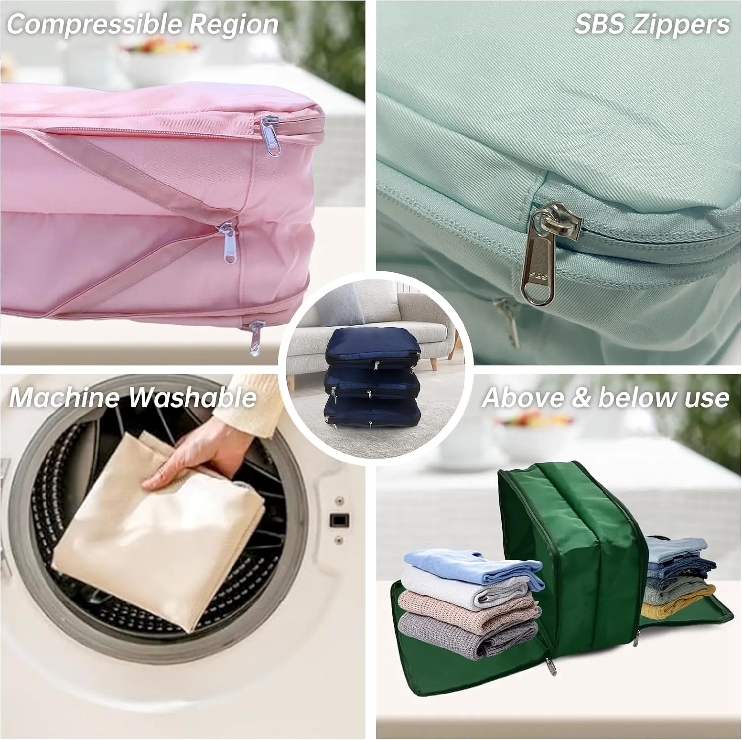 Waterproof Compression Packing Cubes 2/3/4 sets, Large Travel Packing organizers for Carry on Luggage, 2 Sides Expandable Storage Bags for Backpacking, Suitcases (Dark Green, Pack 3(L M S))