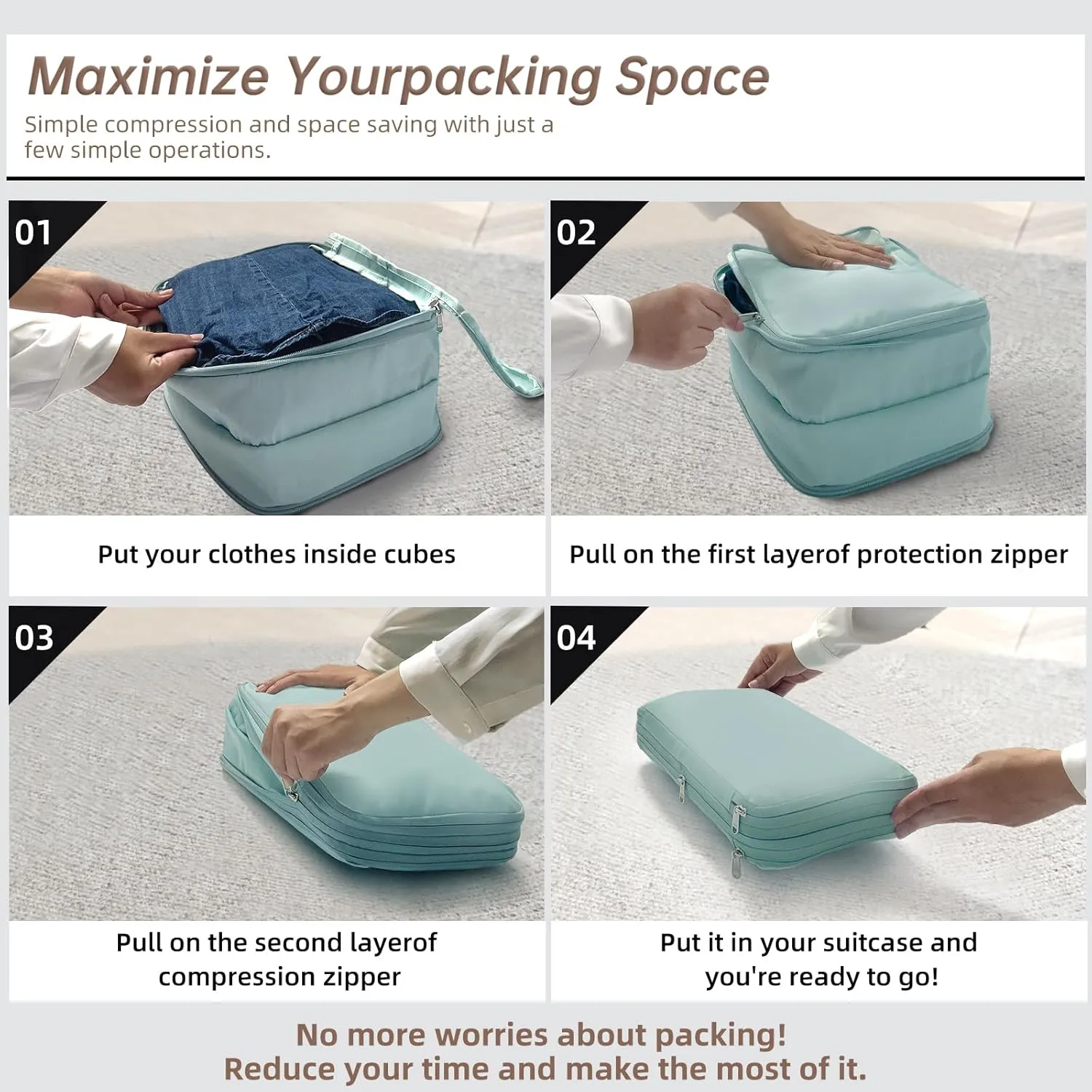 Waterproof Compression Packing Cubes 2/3/4 sets, Large Travel Packing organizers for Carry on Luggage, 2 Sides Expandable Storage Bags for Backpacking, Suitcases (Dark Green, Pack 3(L M S))