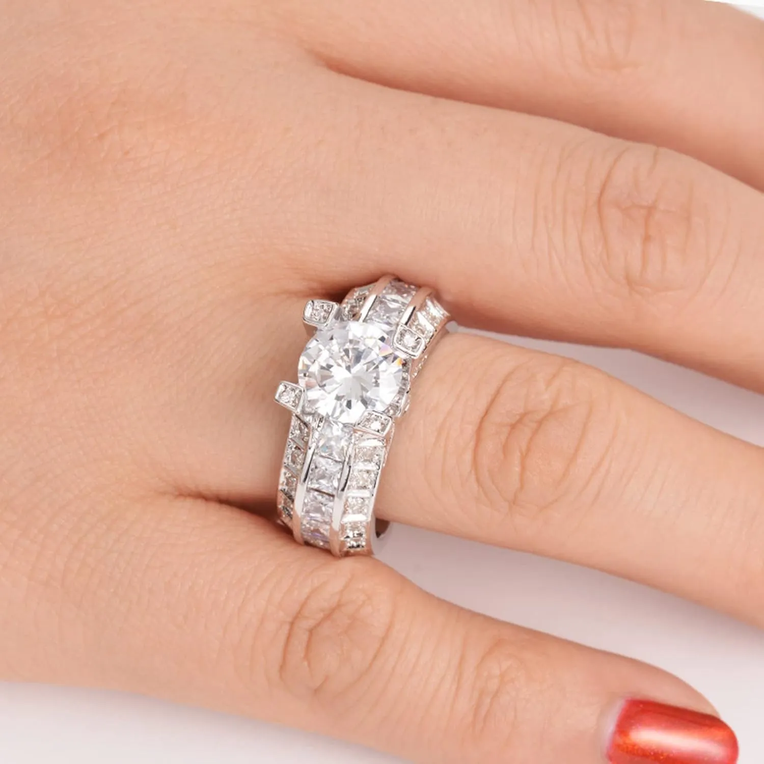 Wedding Band for Bride Inlaid Zircon Anniversary Ring Simulated Diamond Engagement Ring Exquisite Jewelry for Women (Silver, 7)
