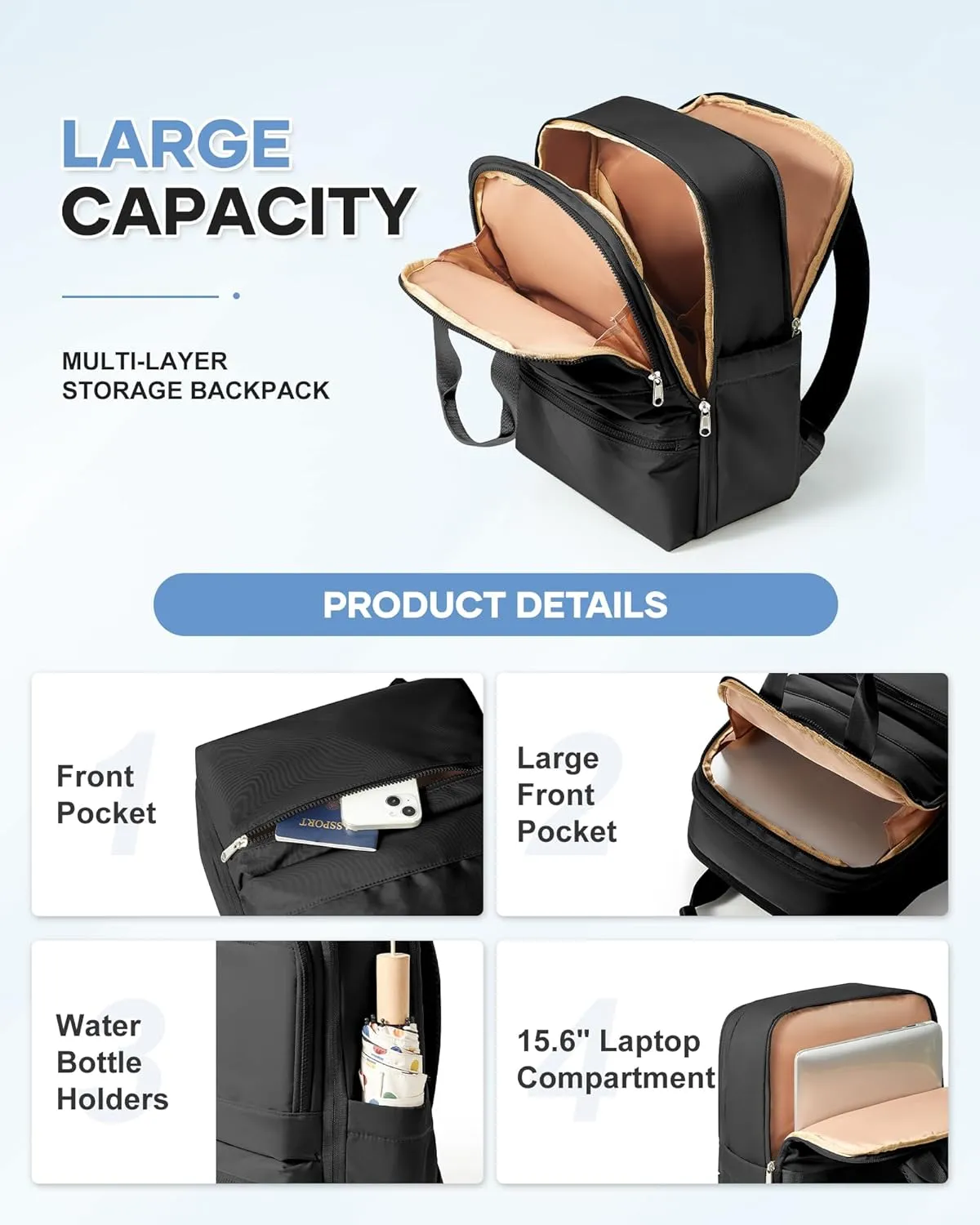 wepadre Black Travel Backpack For Women Men Airline Approved Carry On Bags For Airplanes Personal Item Bag For Airlines Waterproof Hiking Backpack College Laptop Backpack Weekender Overnight Bag