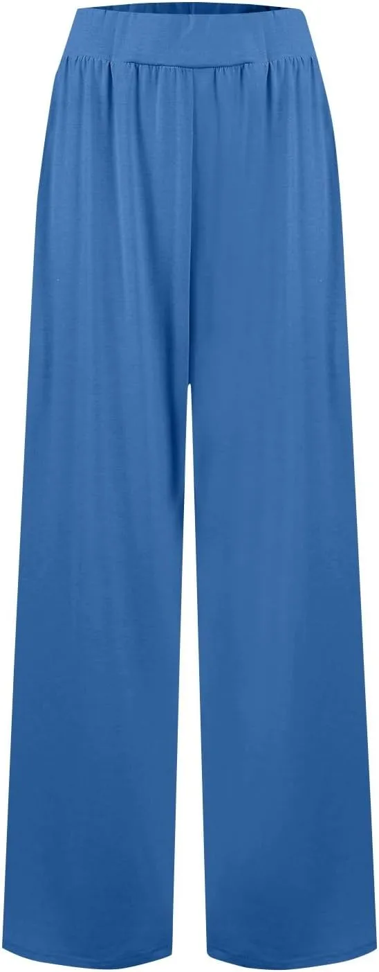 Wide Leg Dress Pants for Women High Waisted Long Pants Plus Size Pleated Pull On Vacation Trousers with Pockets