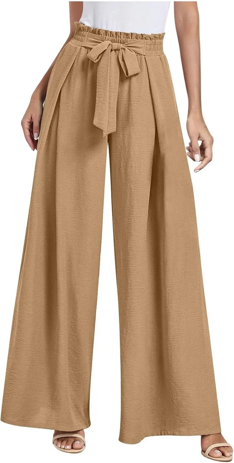 Wide Leg Pants for Women High Waisted Palazzo Pants Work Casual Flowy Tie Knot Loose Trousers with Pockets 2025