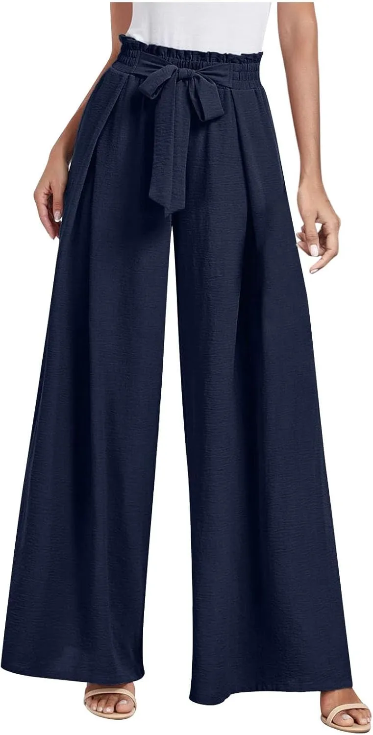 Wide Leg Pants for Women High Waisted Palazzo Pants Work Casual Flowy Tie Knot Loose Trousers with Pockets 2025