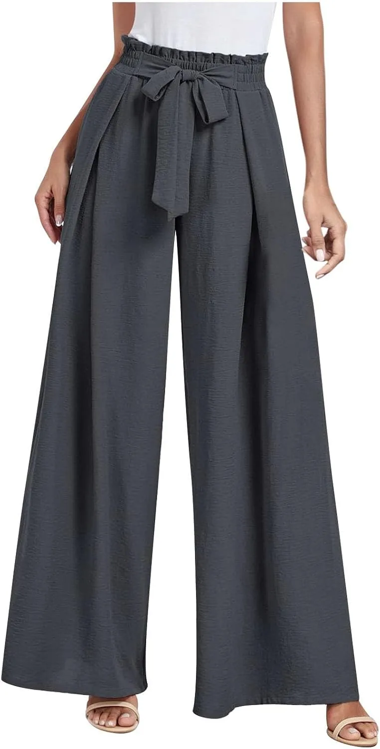 Wide Leg Pants for Women High Waisted Palazzo Pants Work Casual Flowy Tie Knot Loose Trousers with Pockets 2025