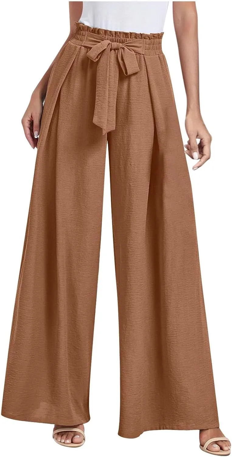 Wide Leg Pants for Women High Waisted Palazzo Pants Work Casual Flowy Tie Knot Loose Trousers with Pockets 2025