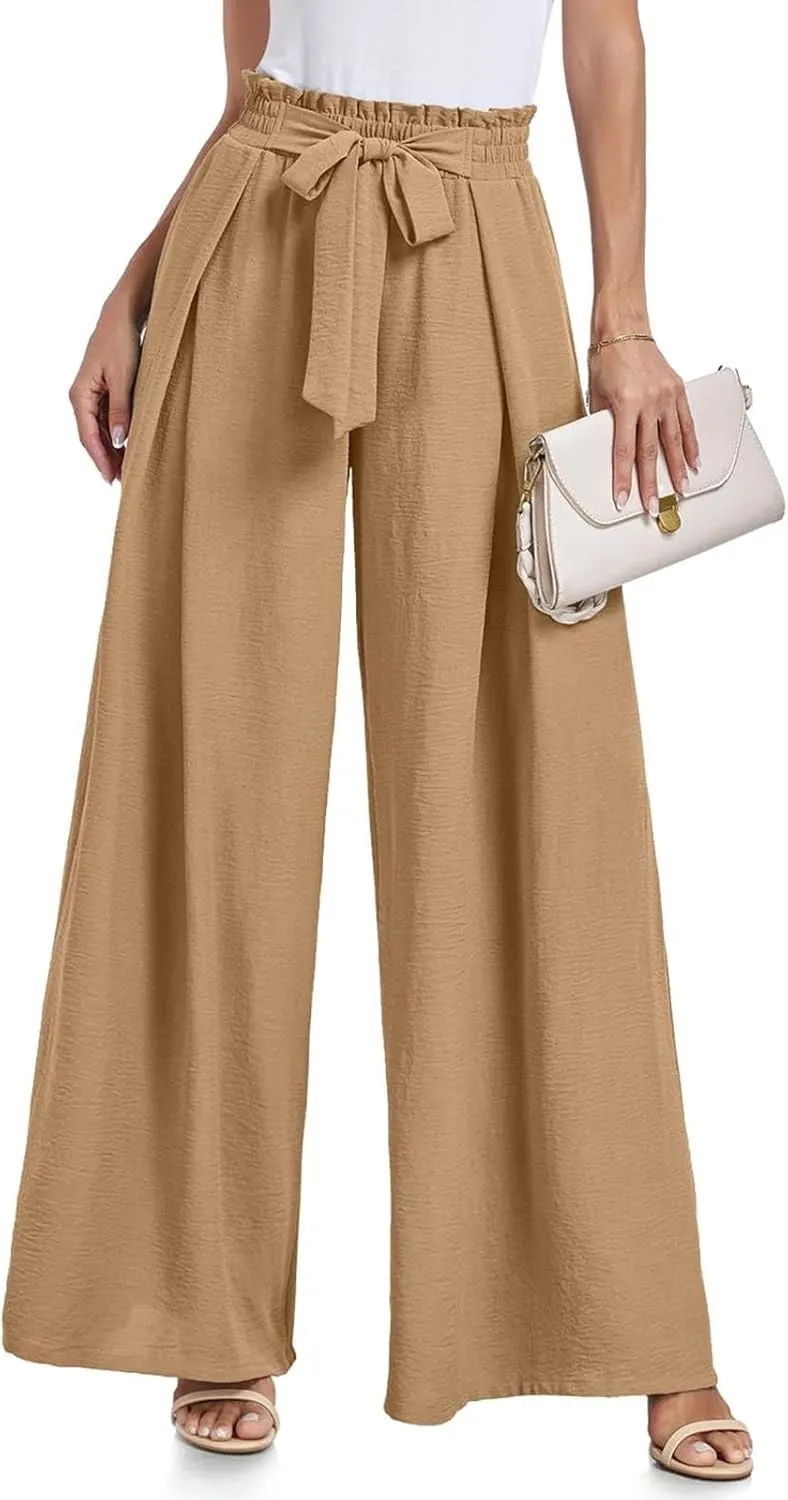 Wide Leg Pants for Women High Waisted Palazzo Pants Work Casual Flowy Tie Knot Loose Trousers with Pockets 2025