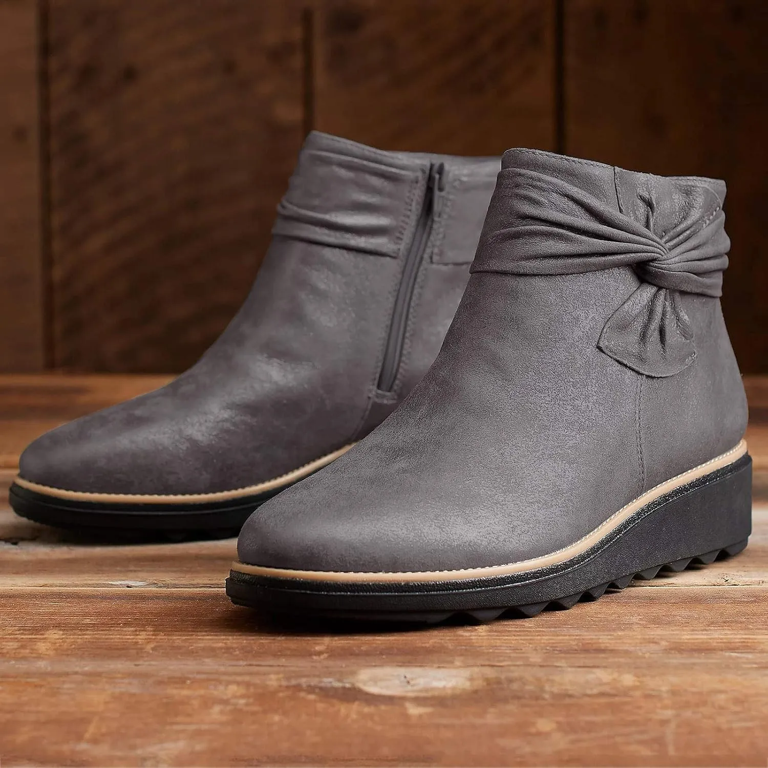 Women Ankle Boots Suede Low Heel Slip On Platform Dress Shoes Comfortable Wide Width Walking Shoes with Arch Support