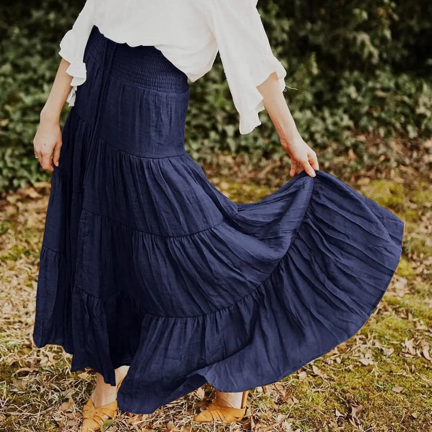 Women Boho Elastic Waist A Line Ruffle Beach Maxi Skirt Dress Tired Pleated Drawstring Chiffon Long Skirts