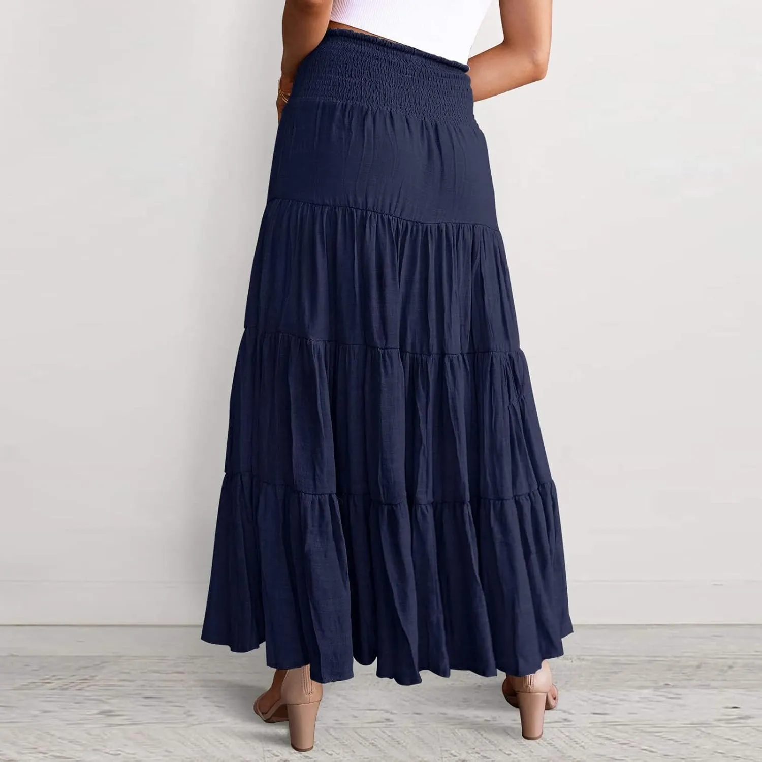 Women Boho Elastic Waist A Line Ruffle Beach Maxi Skirt Dress Tired Pleated Drawstring Chiffon Long Skirts