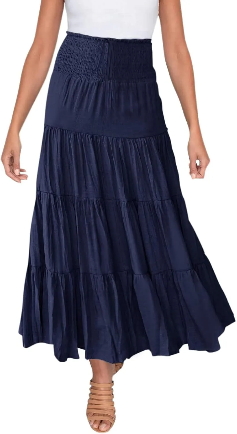 Women Boho Elastic Waist A Line Ruffle Beach Maxi Skirt Dress Tired Pleated Drawstring Chiffon Long Skirts