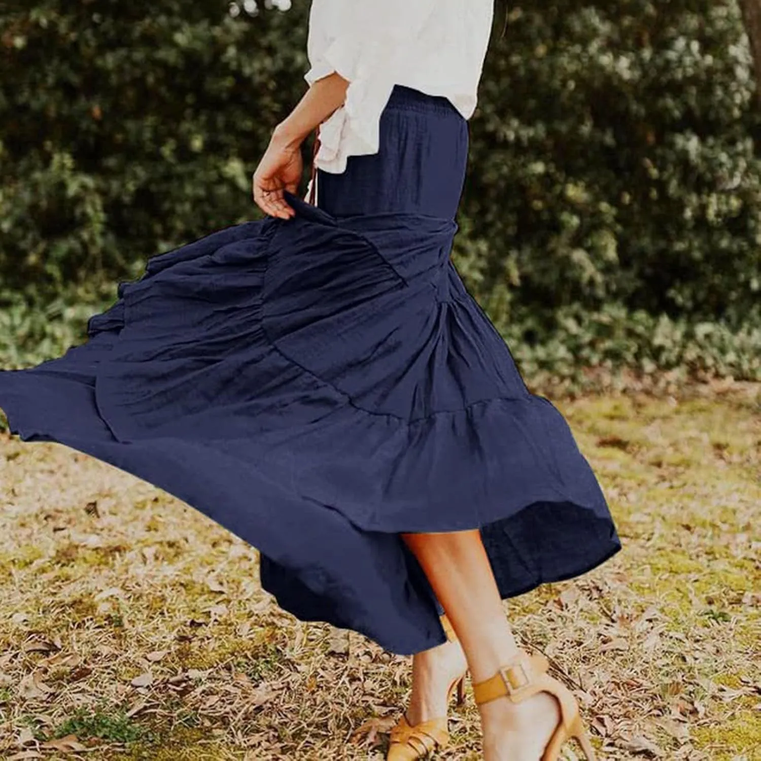 Women Boho Elastic Waist A Line Ruffle Beach Maxi Skirt Dress Tired Pleated Drawstring Chiffon Long Skirts