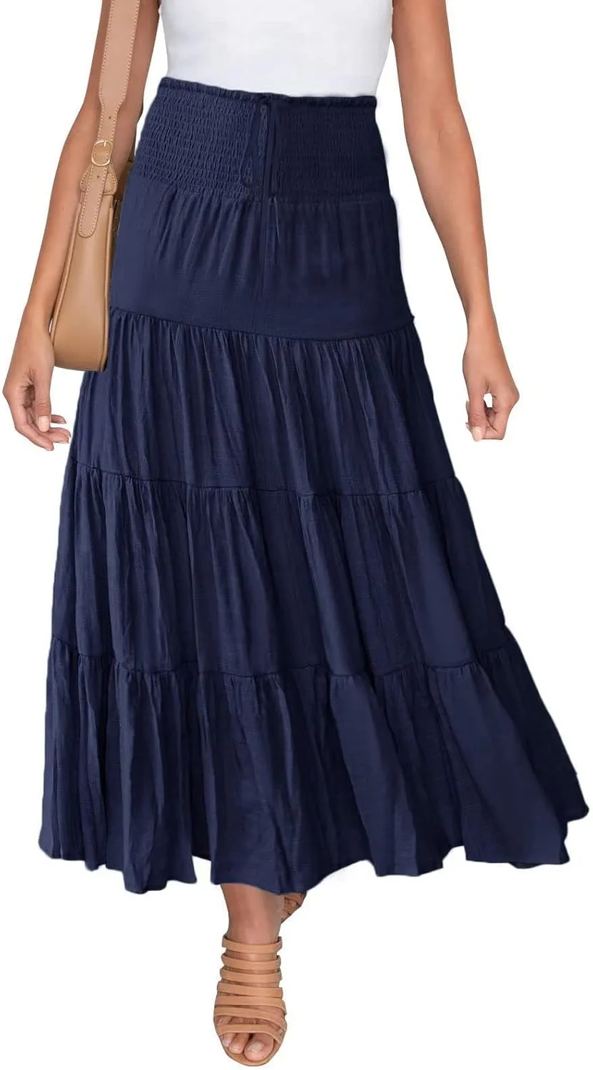 Women Boho Elastic Waist A Line Ruffle Beach Maxi Skirt Dress Tired Pleated Drawstring Chiffon Long Skirts