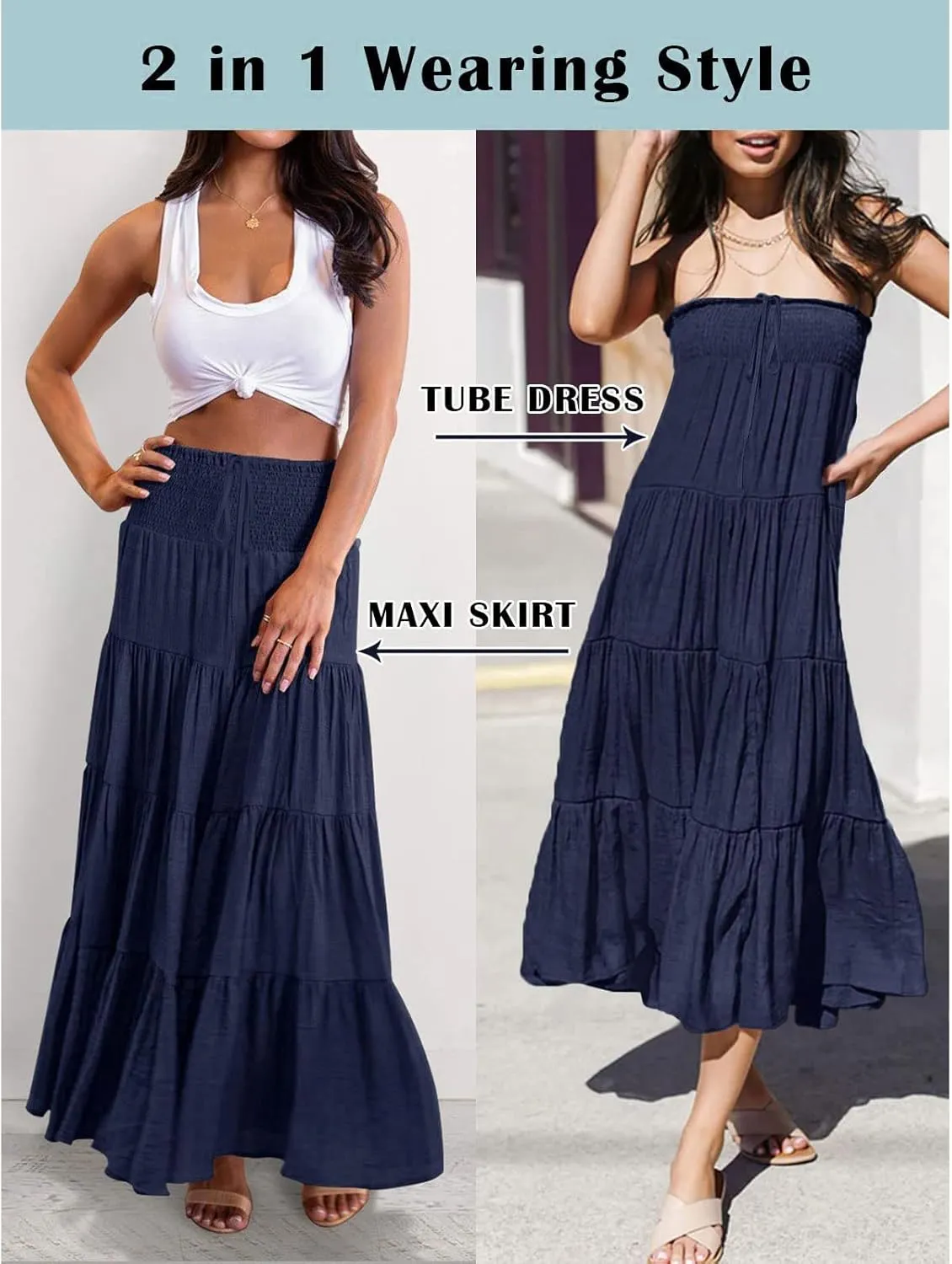 Women Boho Elastic Waist A Line Ruffle Beach Maxi Skirt Dress Tired Pleated Drawstring Chiffon Long Skirts