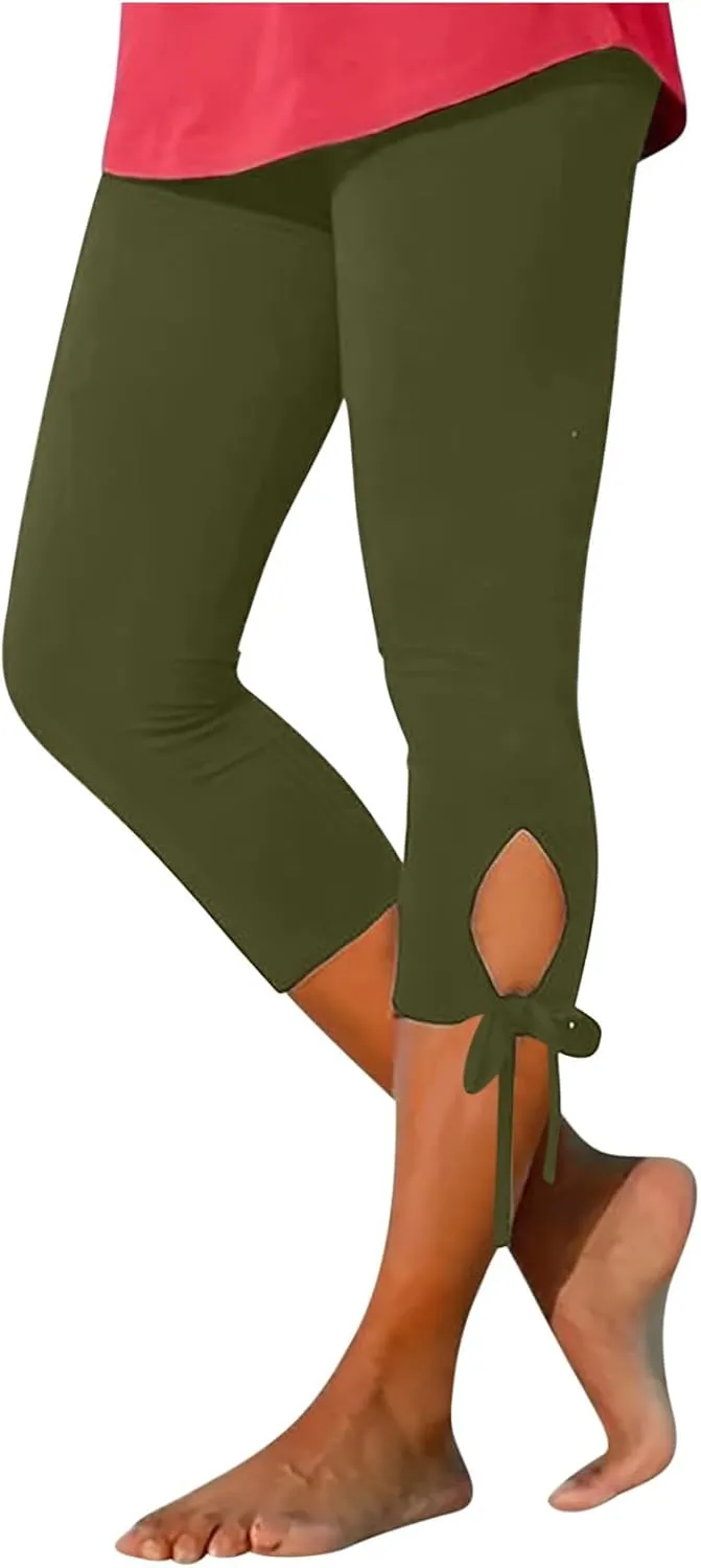 Women Bow Trouser Legs Capri Trousers Ladies Knee Length Shorts Cropped Capris Yoga Gym Pants Three Quarter Half Pant