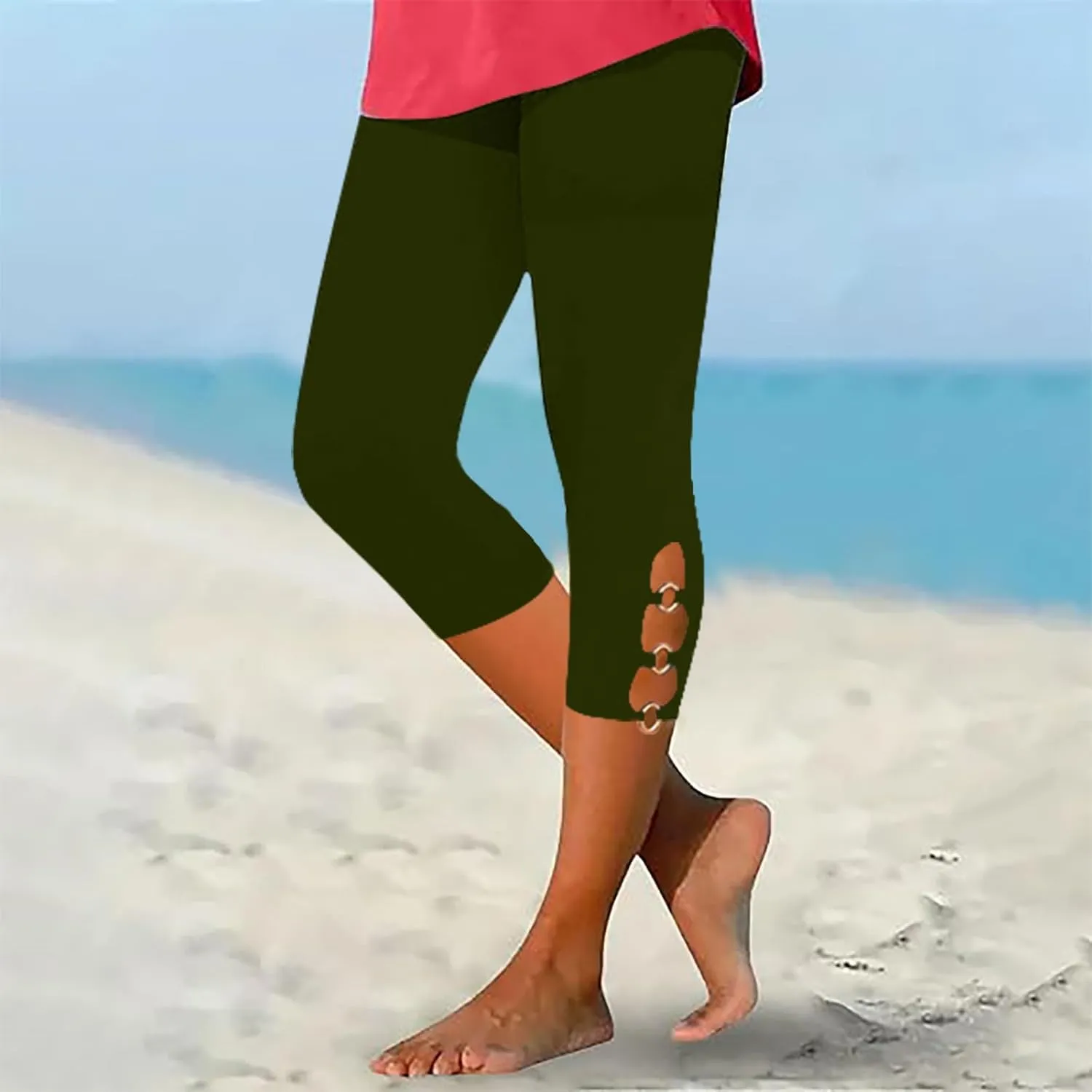 Women Cropped Leggings 3/4 Length Pants Hollow Out Trousers Yoga Gym Legging Cotton High-Waisted Bottoms Joggers