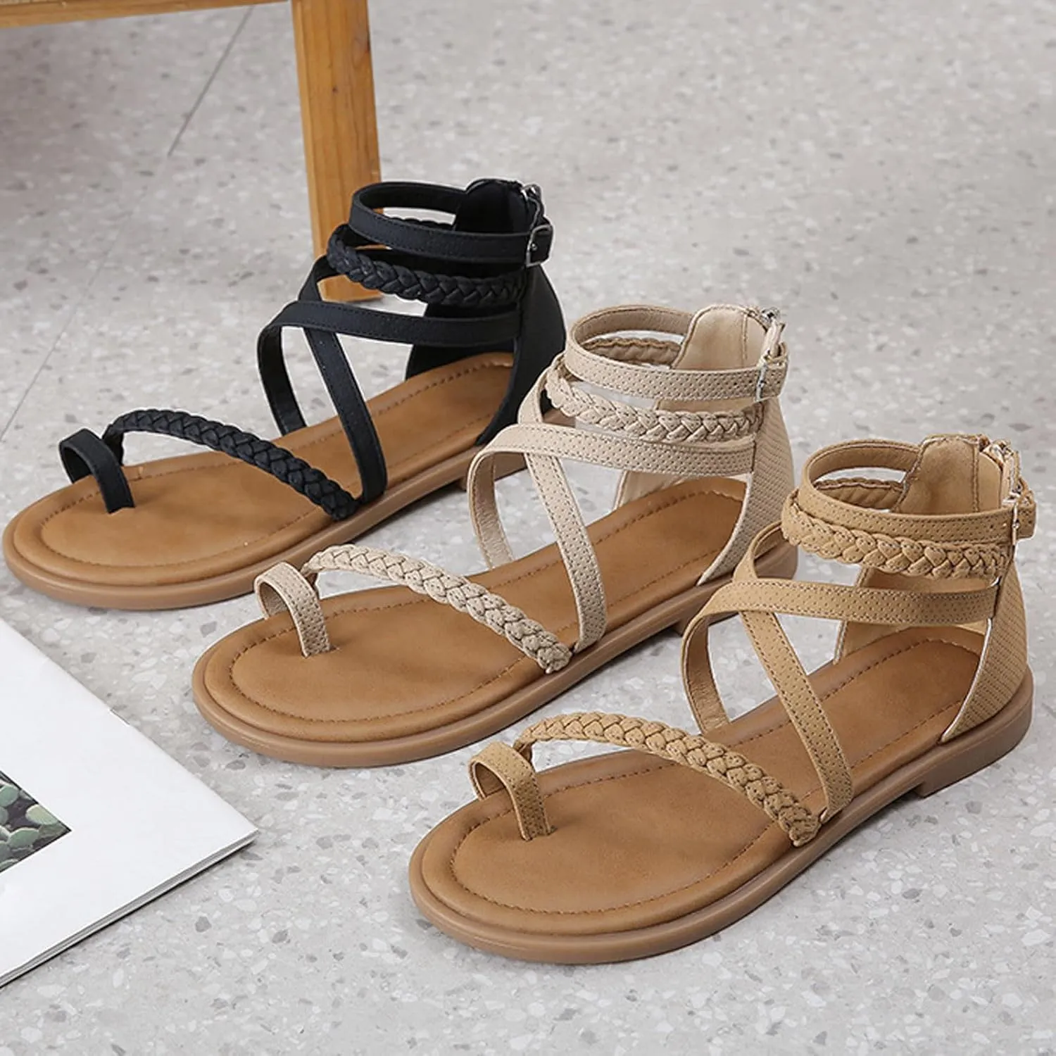Women Flat Sandals Dressy Strappy Gladiator Summer Ankle Strap Nude Open Toe Comfortable Wedding Casual Leather Ladies Flats