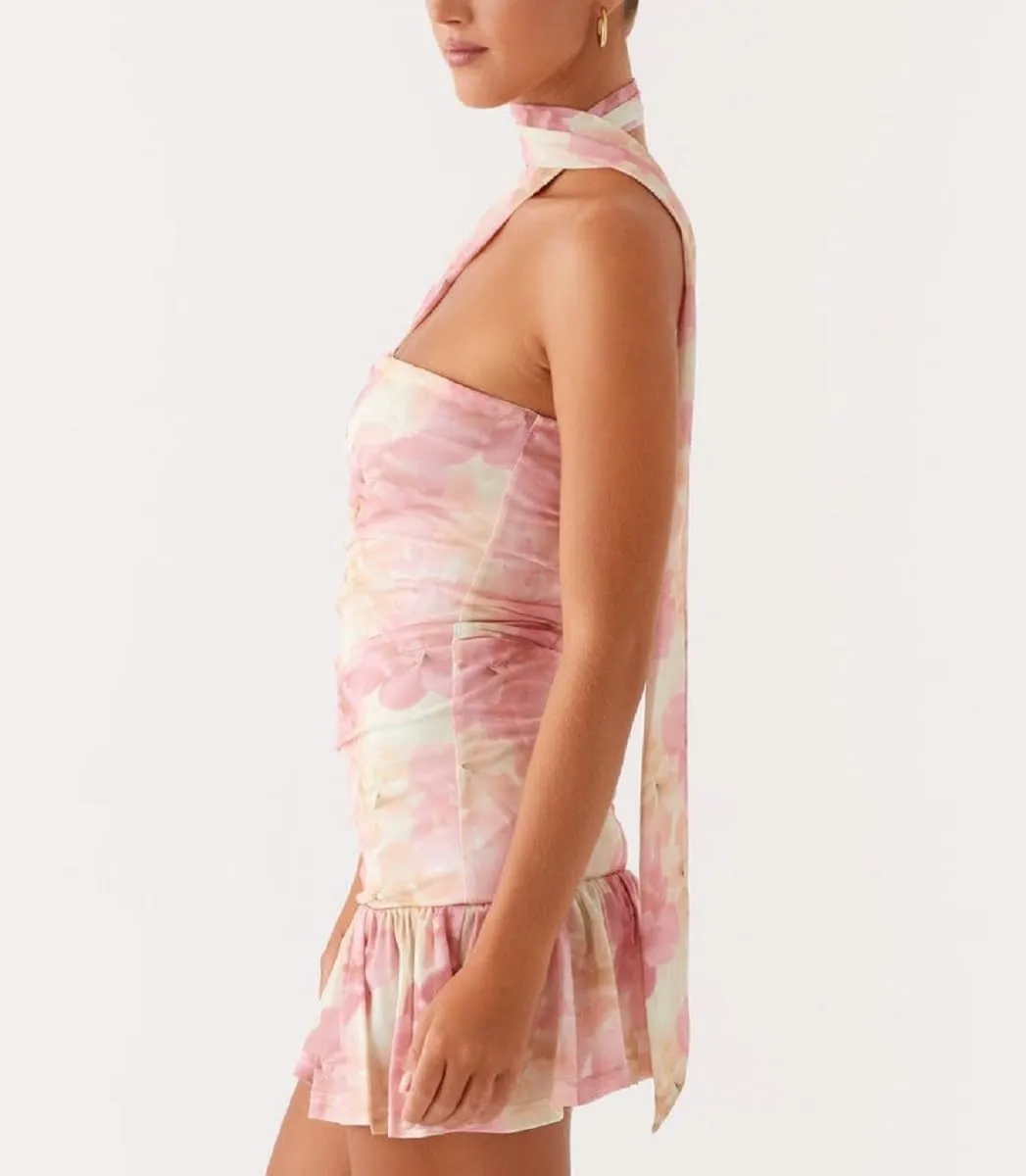 Women Floral Strapless Mini Dress Y2K Bodycon Flower Tube Dress Sexy Party Beach Dresses with Scarf
