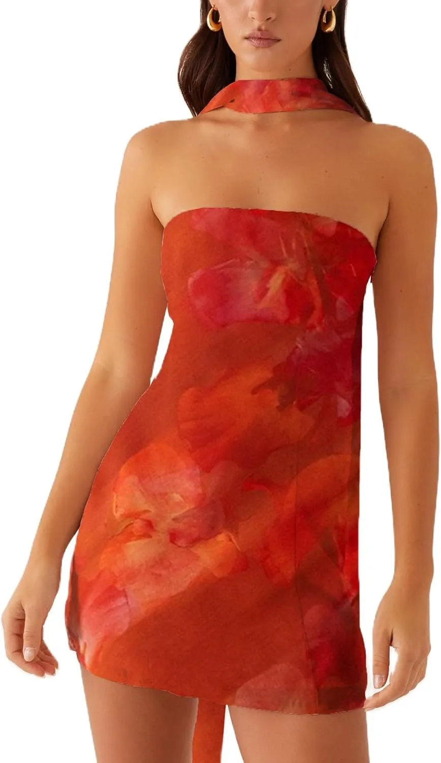Women Floral Strapless Mini Dress Y2K Bodycon Flower Tube Dress Sexy Party Beach Dresses with Scarf