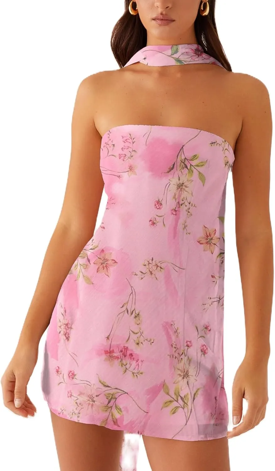 Women Floral Strapless Mini Dress Y2K Bodycon Flower Tube Dress Sexy Party Beach Dresses with Scarf