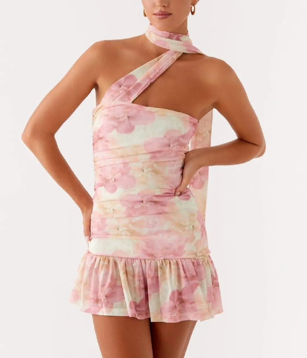 Women Floral Strapless Mini Dress Y2K Bodycon Flower Tube Dress Sexy Party Beach Dresses with Scarf