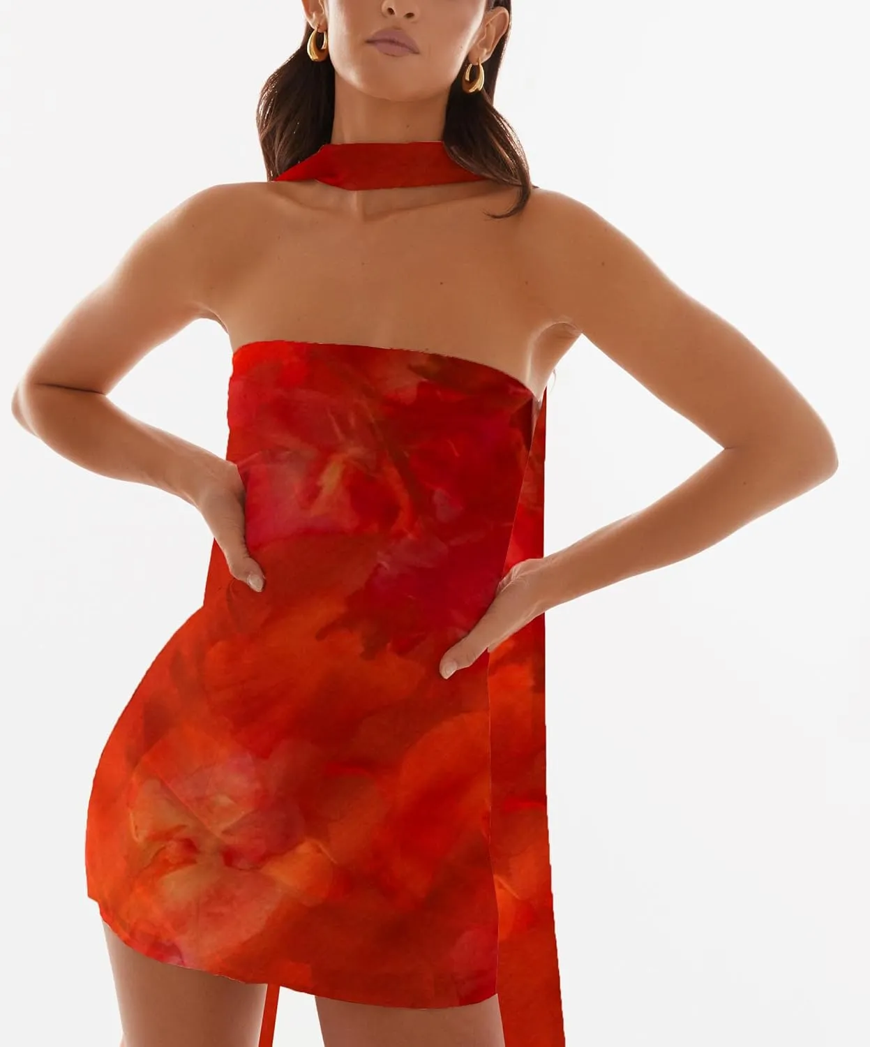 Women Floral Strapless Mini Dress Y2K Bodycon Flower Tube Dress Sexy Party Beach Dresses with Scarf