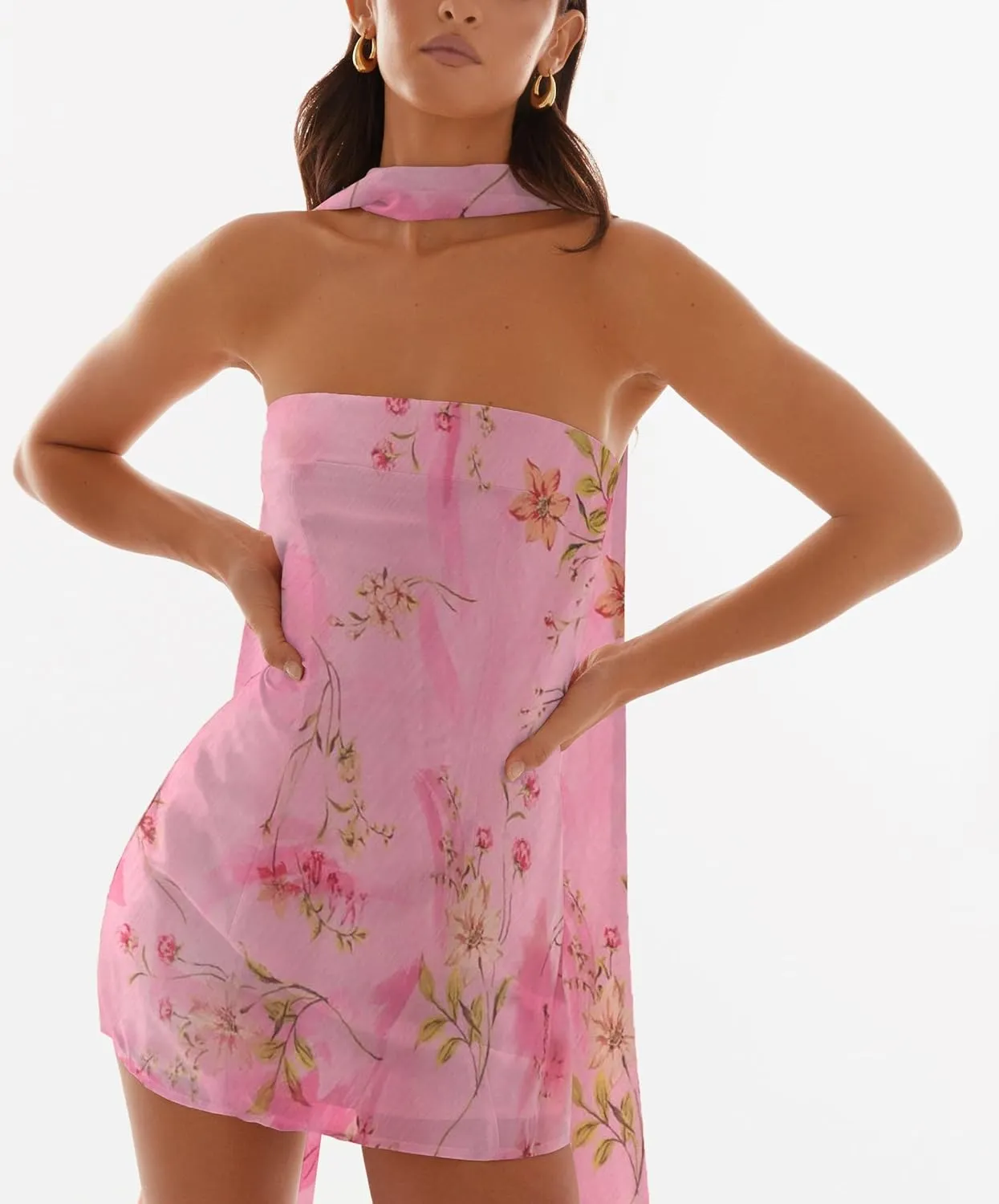 Women Floral Strapless Mini Dress Y2K Bodycon Flower Tube Dress Sexy Party Beach Dresses with Scarf
