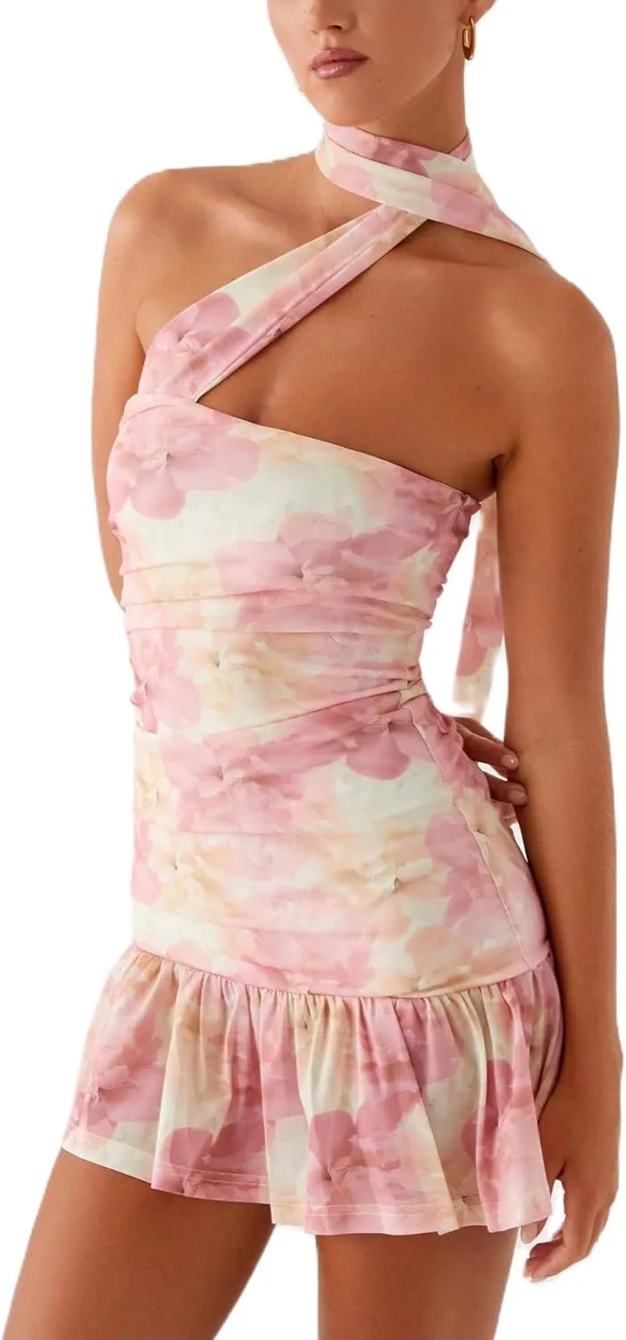 Women Floral Strapless Mini Dress Y2K Bodycon Flower Tube Dress Sexy Party Beach Dresses with Scarf