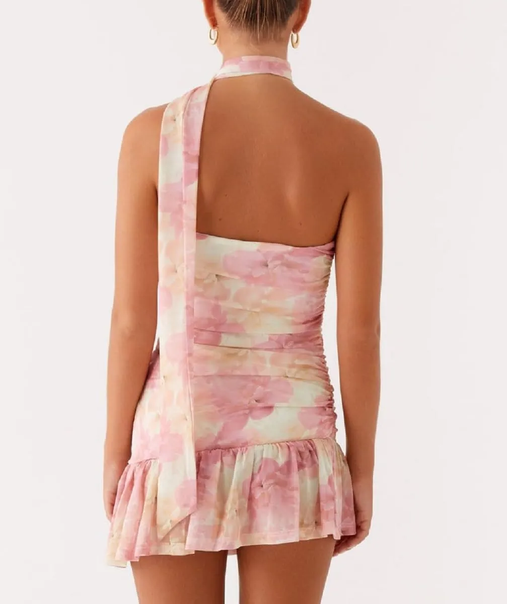 Women Floral Strapless Mini Dress Y2K Bodycon Flower Tube Dress Sexy Party Beach Dresses with Scarf