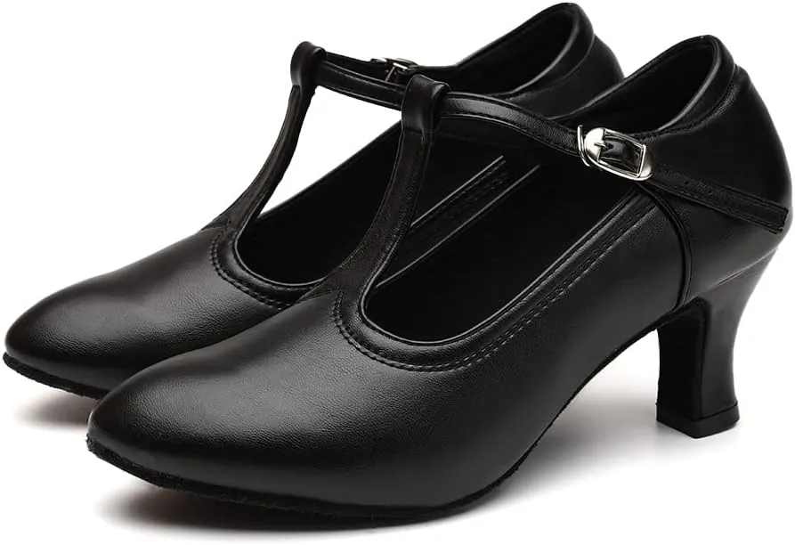 Women Latin Dance Shoes T-Strap Ballroom Salsa Tango Closed Toe Modern Dance Shoes,Model FT123