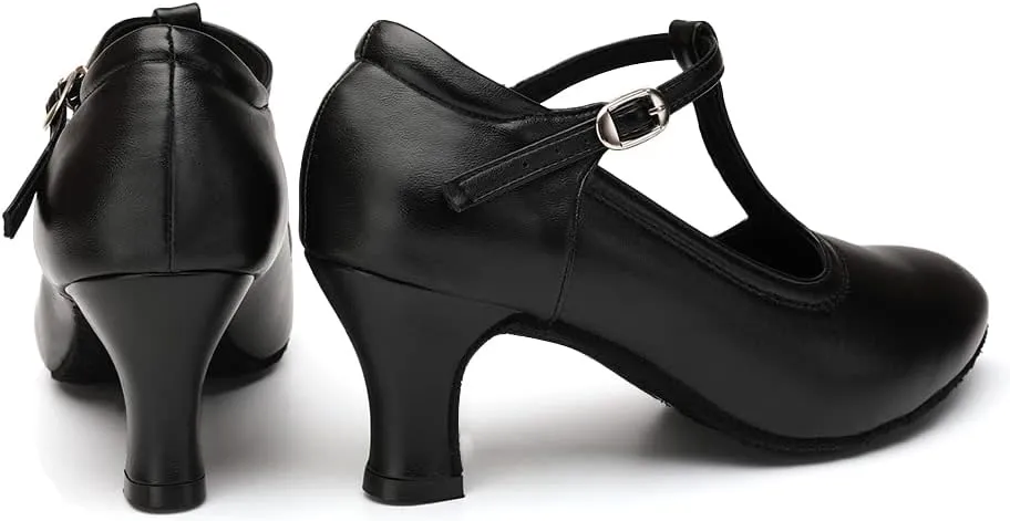 Women Latin Dance Shoes T-Strap Ballroom Salsa Tango Closed Toe Modern Dance Shoes,Model FT123
