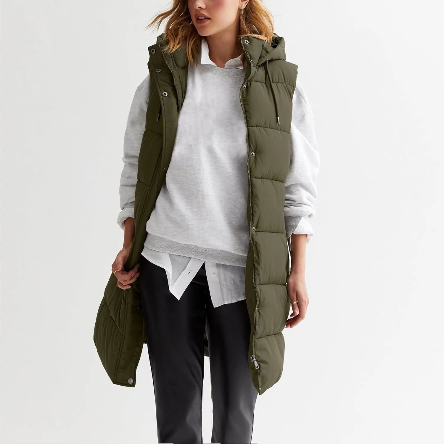 Women Long Puffer Vest Oversized Quilted Vest Zipper Hooded Down Vest Sleeveless Puffy Jacket Winter Outerwear Vests