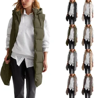 Women Long Puffer Vest Oversized Quilted Vest Zipper Hooded Down Vest Sleeveless Puffy Jacket Winter Outerwear Vests
