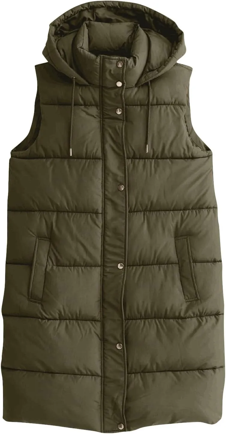 Women Long Puffer Vest Oversized Quilted Vest Zipper Hooded Down Vest Sleeveless Puffy Jacket Winter Outerwear Vests
