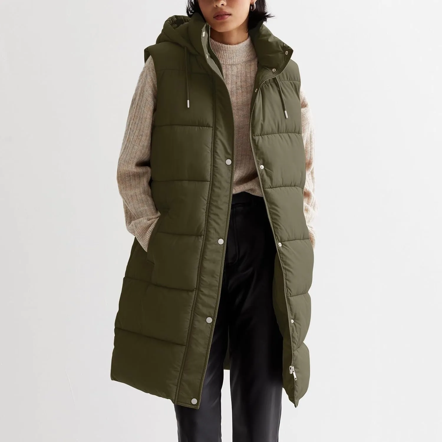 Women Long Puffer Vest Oversized Quilted Vest Zipper Hooded Down Vest Sleeveless Puffy Jacket Winter Outerwear Vests