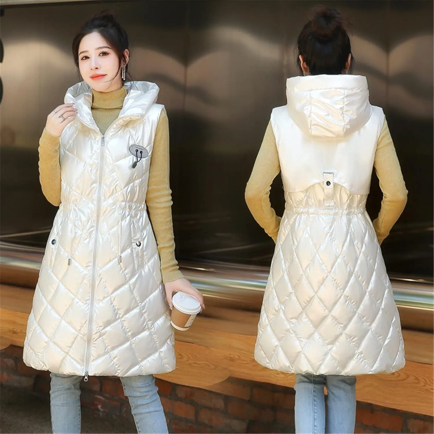 Women Long Puffer Vest Sleeveless Hooded Casual Jacket Drawstring Zip Up Quilted Puff Warm 2024 Winter Fashion Jacket