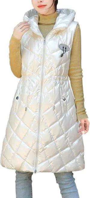 Women Long Puffer Vest Sleeveless Hooded Casual Jacket Drawstring Zip Up Quilted Puff Warm 2024 Winter Fashion Jacket