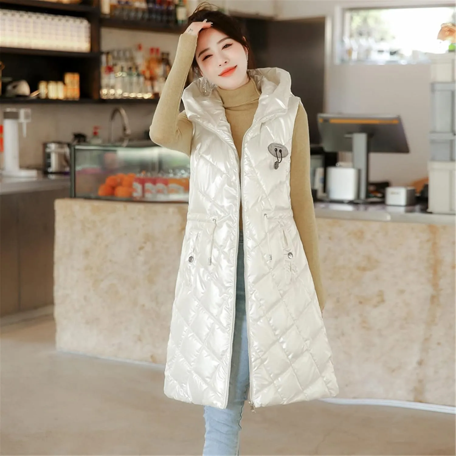Women Long Puffer Vest Sleeveless Hooded Casual Jacket Drawstring Zip Up Quilted Puff Warm 2024 Winter Fashion Jacket
