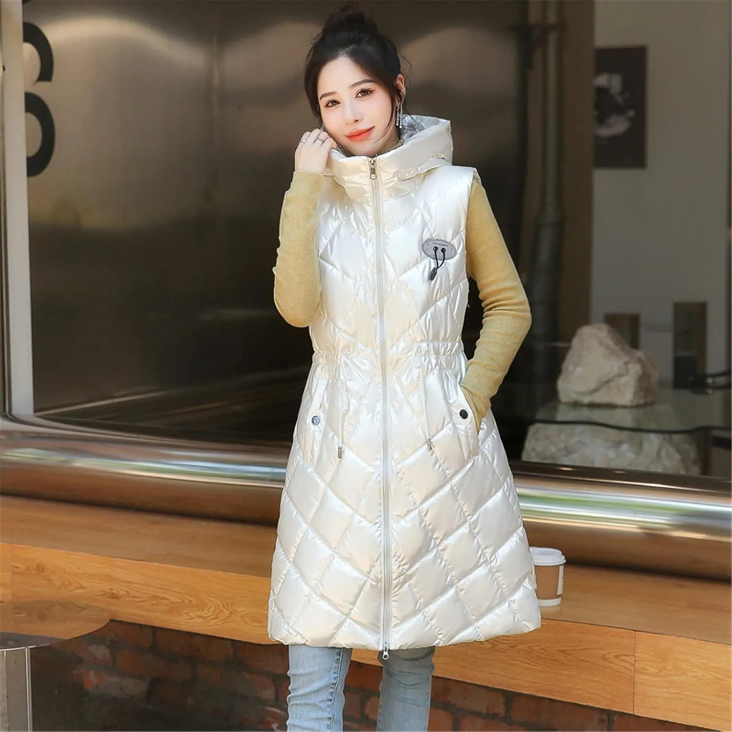 Women Long Puffer Vest Sleeveless Hooded Casual Jacket Drawstring Zip Up Quilted Puff Warm 2024 Winter Fashion Jacket