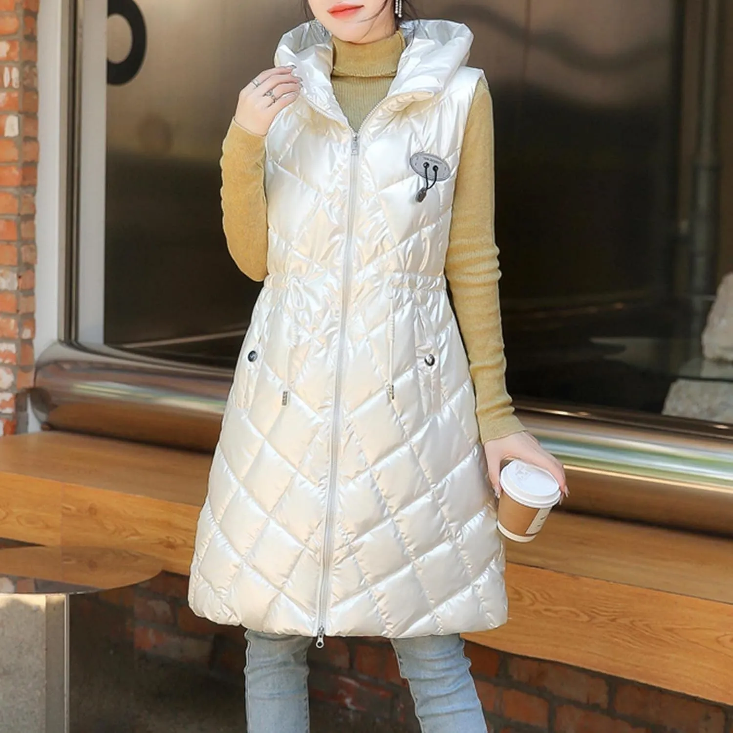 Women Long Puffer Vest Sleeveless Hooded Casual Jacket Drawstring Zip Up Quilted Puff Warm 2024 Winter Fashion Jacket