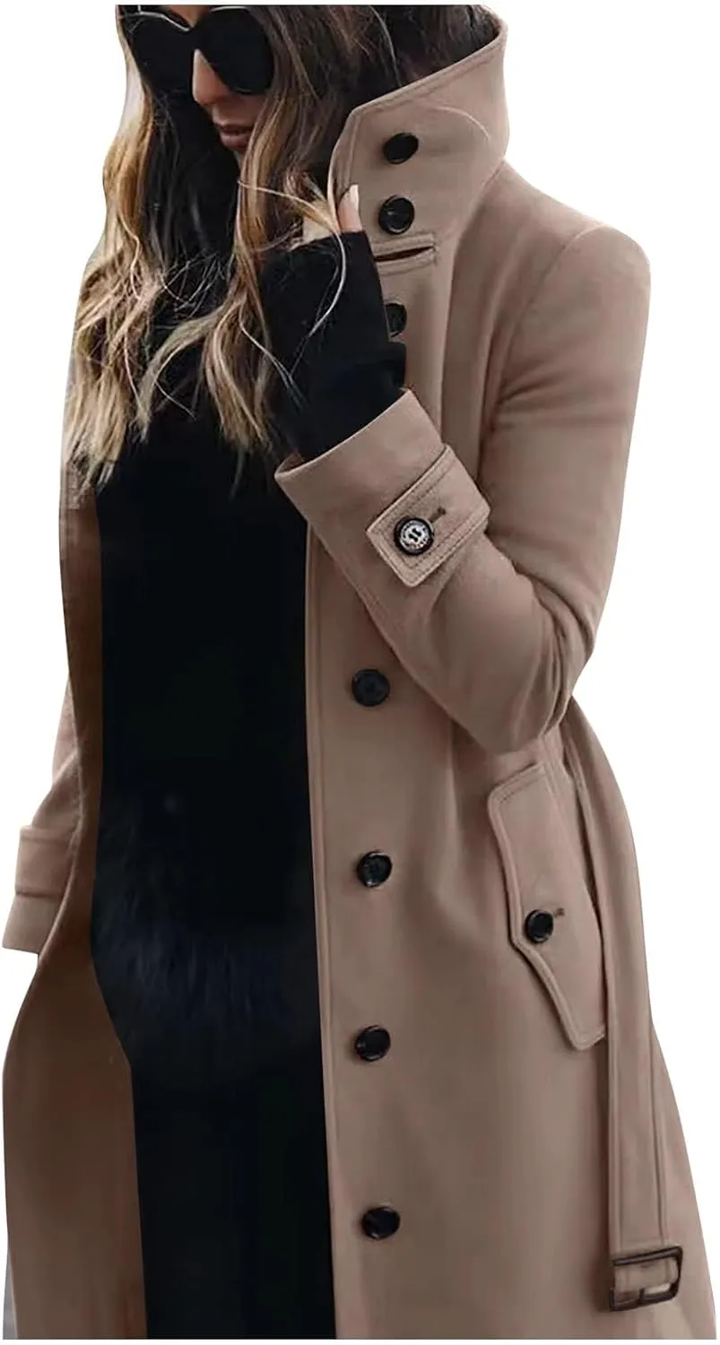 Women Single Breasted Long Trench Coat Windproof Classic Soft Slim Overcoat with Belt Wool Blend Warm Lapel Pea Coat