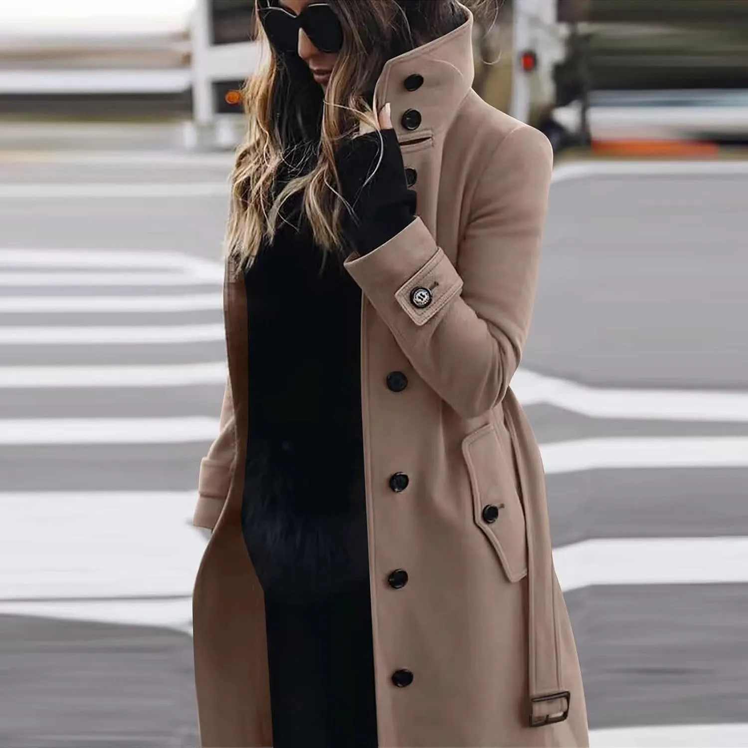 Women Single Breasted Long Trench Coat Windproof Classic Soft Slim Overcoat with Belt Wool Blend Warm Lapel Pea Coat