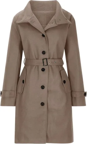 Women Single Breasted Long Trench Coat Windproof Classic Soft Slim Overcoat with Belt Wool Blend Warm Lapel Pea Coat