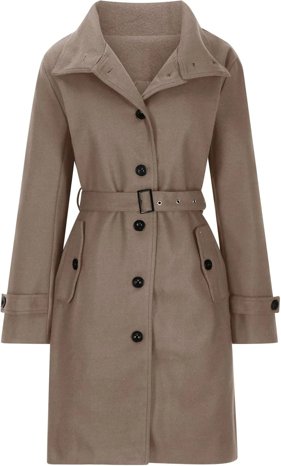 Women Single Breasted Long Trench Coat Windproof Classic Soft Slim Overcoat with Belt Wool Blend Warm Lapel Pea Coat