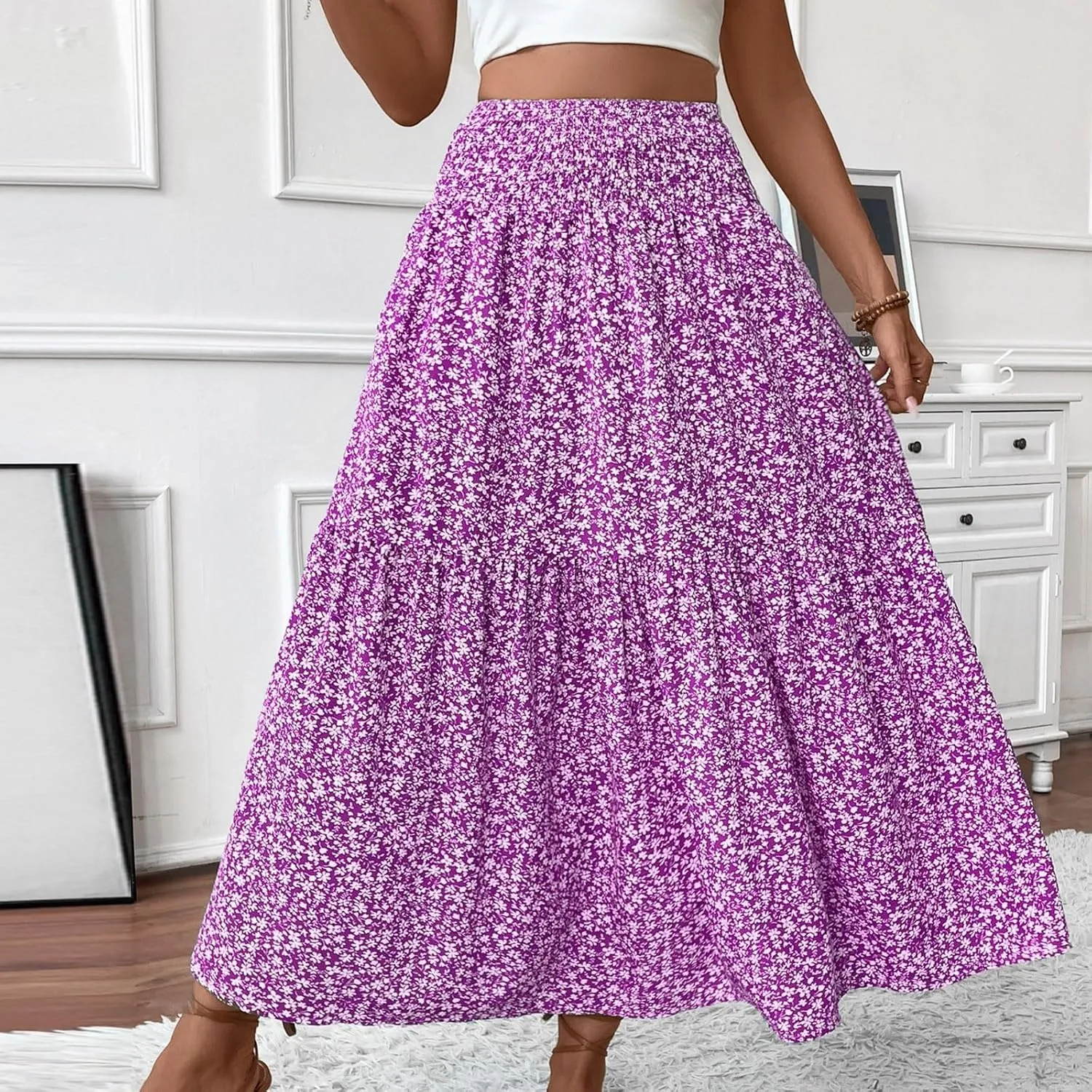 Women Summer Boho Floral Smocked Elastic High Waist Flowy Swing Pleated Maxi Skirts Vacation Print A-Line Long Skirts