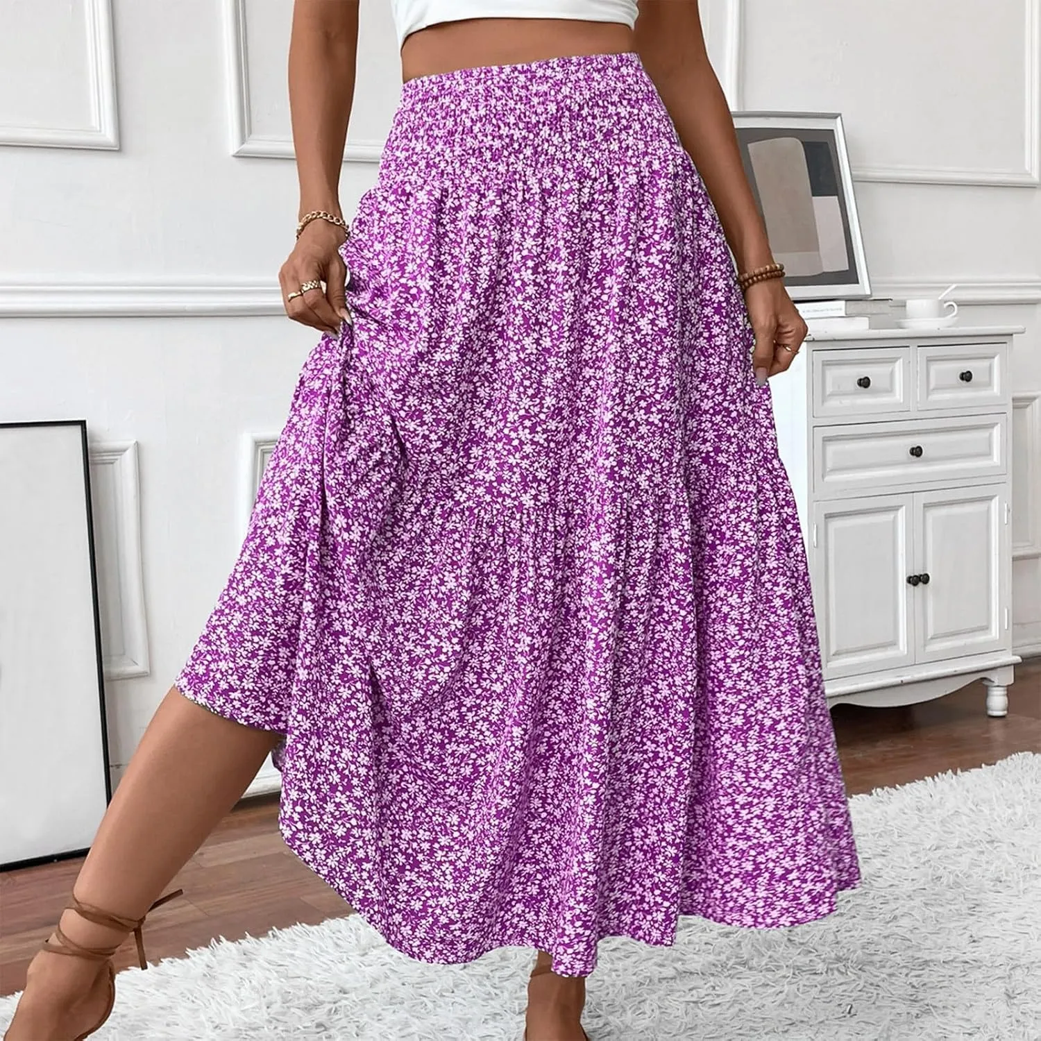 Women Summer Boho Floral Smocked Elastic High Waist Flowy Swing Pleated Maxi Skirts Vacation Print A-Line Long Skirts